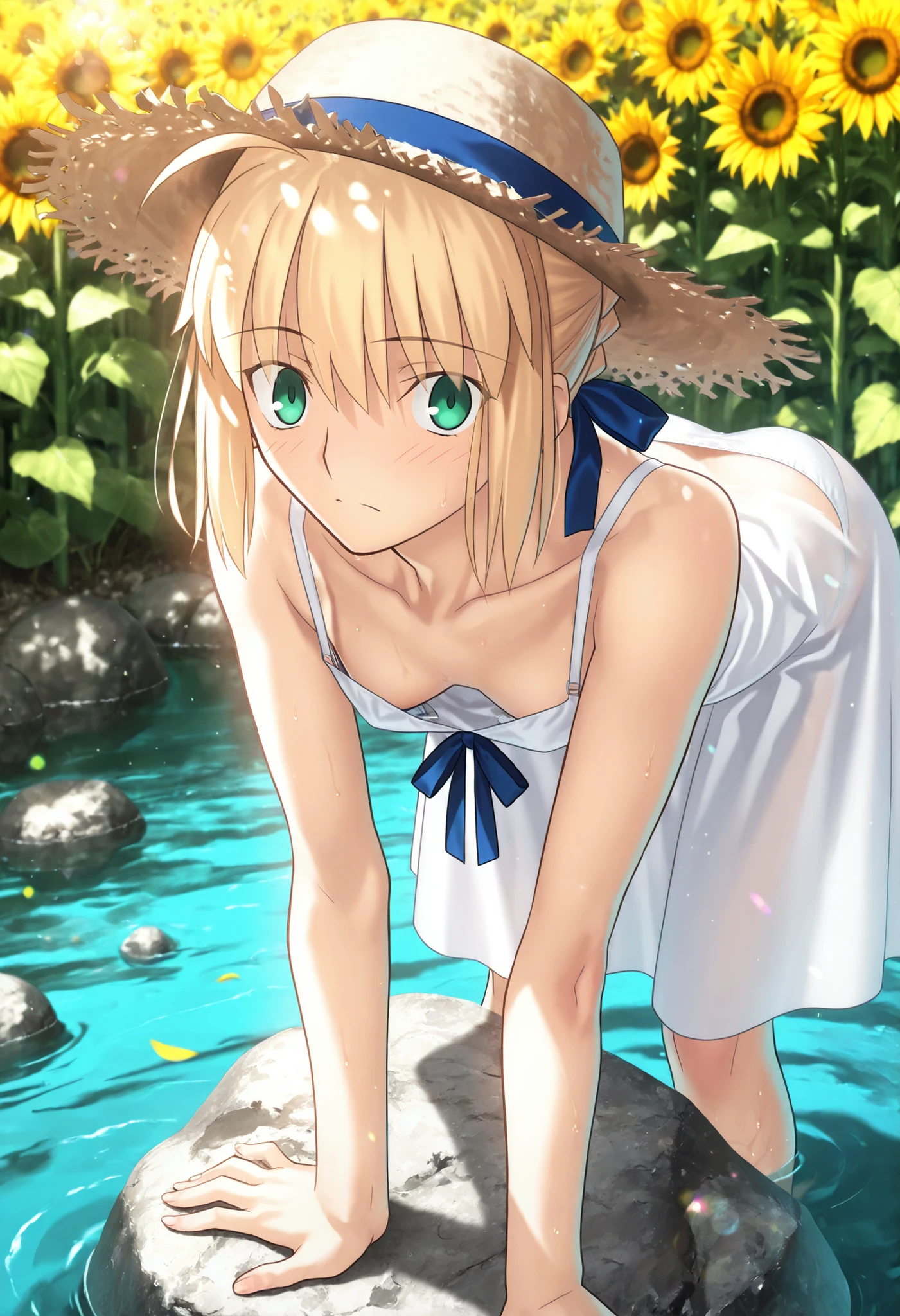 masterpiece, , absurdres, highres, detailed background, high resolution, masterpiece, necessary, detail, best quality, quality, necessary, details, High details, Precise, 8k outdoors, (colorful light particles, powder light, river), day lens flare, blurry background, from above,
1girl, Takeuchi Takashi (type-moon,tsukihime) style, takeuchi takashi style, (aged up),(Sunflower field),on rock, in lake,, closed mouth, ,(downblouse , bra slip),
girl, (slender body, slim arms, slim bod),girl, artoria pendragon, saber (fate) ,blonde hair ,green eyes, wide eyed,(straw hat), ahoge ,hair ribbon ,blue ribbon ,short hair ,sidelocks ,frenched braid, (white summer dress, sleeveless), (white panties),(flat chest),(looking at viewer), , , bent over , ,