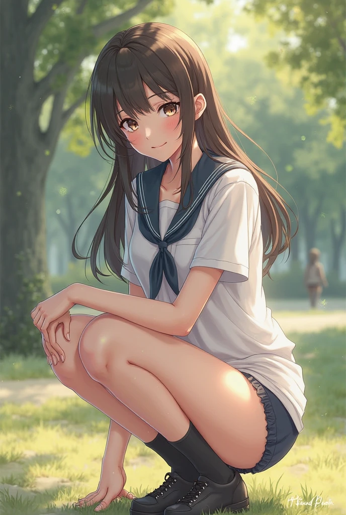 1girl, tshirt, no panty, Legs bare, Visible vagin, Long hair, Squatting with legs wide apart outdoors
