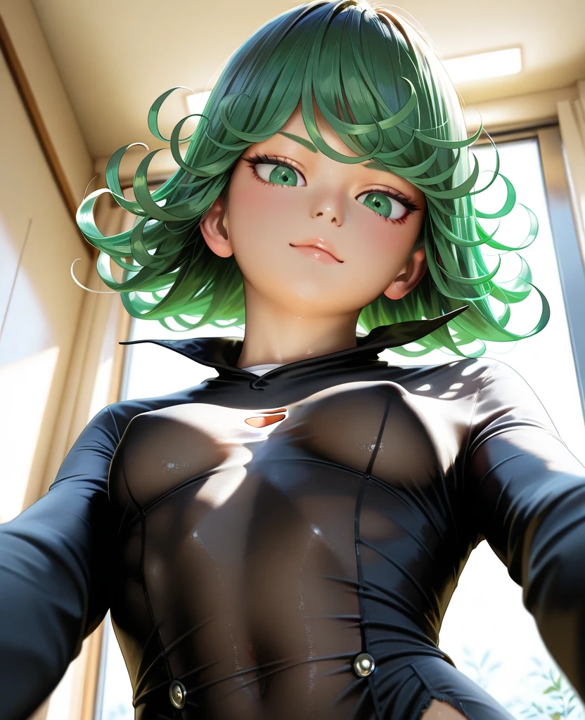 (Masterpiece, Best quality), 1girll, Beautiful face,   tatsumaki, dress, Black dress,Large breasts，cleavage，Off-the-shoulder attire