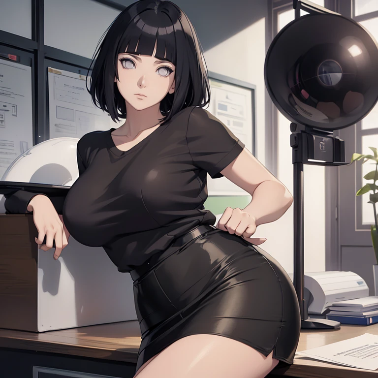 (masterpiece), anime, Best quality, good anatomy, one girl, Hinata Hyuga, (full height), white eyes, Big breasts, realistic face, gloomy face, Looking down, dark hair, short haircut, navel ,bare shoulders, tight black top, decollete, black pencil skirt, tall legs, beautiful legs, office, Reflectors, 8K masterpiece, super detail, film movie, best quality, best ditails, detailed face, detailed eyes, camera from bellow