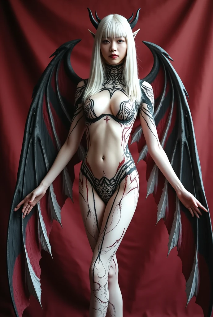 macabre woman, with flaming eyes, silver hair, (reddish black background), bloody wings, ((真实感)), totally naked
