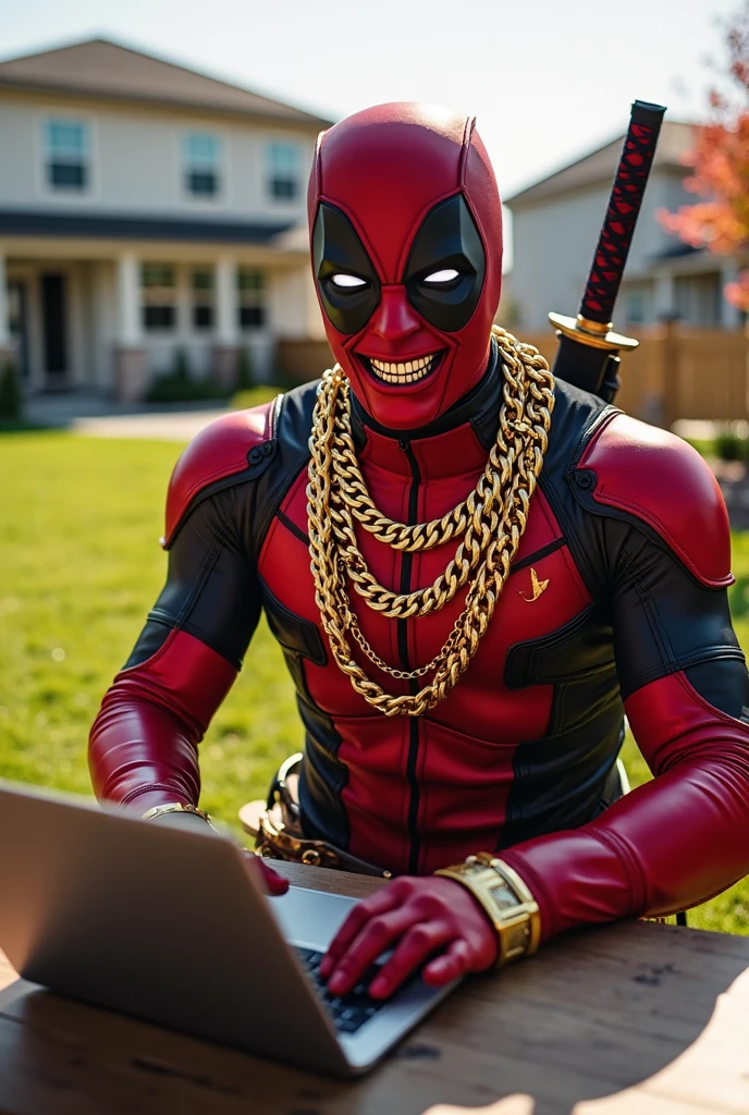 a photograph of a man in a Spider-Man costume, without a mask, 27 years old, handsome and detailed face, mustache and goatee, smiling with braces, with gaming headphones, looking at the camera, high quality