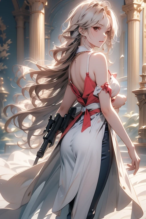 a stylish mature anime man in his early 50s, gracefully aged, salt and pepper stubble, silver hair slightly tousled, deep-set eyes, confident smirk, defined jawline,  
full body, looking away, looking back, Motion blur. Aiming gun at viewer. Full body. 
Gun Master,  Pose: Gun Master, a destructive ray is fired from the muzzle of the pistol in her right hand, the destructive ray glows red,  white dress shirt slightly unbuttoned, platinum necklace visible, black trousers,  
warm cinematic lighting, rim light on hair and shoulders, dramatic shadows,  
soft painterly luxurious background, (semi-realistic anime style,) ultra-detailed, soft textures,  
aura of charisma and mystery, inspired by HYDE, Kōji Kikkawa, Kenjiro Tsuda, Hiroyuki Sanada, Yutaka Takenouchi, Yosuke Eguchi, Tadanobu Asano, Kyohei Shibata --v 6 --ar 2:3