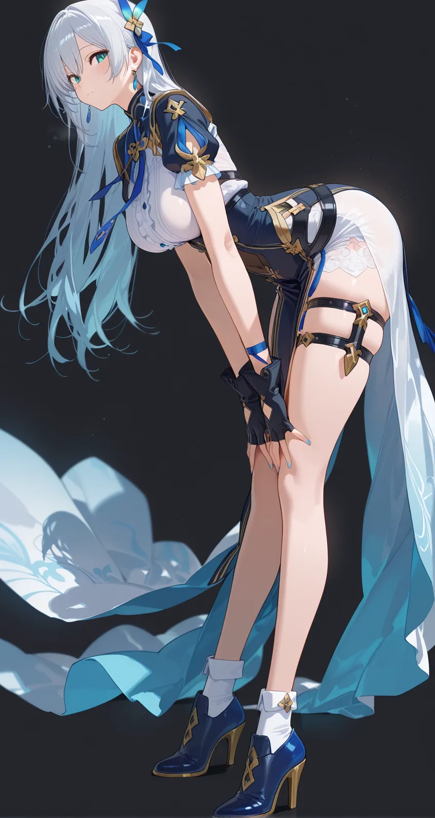 Nordic town,(blue purple hair),(big clip on her hair:2.0),big clip on head,Delicately tied up short hair,Standing close-up,dream world,Mature lady,(Slender gray-white red phoenix eyes,pink lipstick,long eyelashes),long eyelashes,Contact lenses,Pink manicure,curly bangs,(Light blue gauze,Lace low-cut midriff-baring cheongsam,High slit cheongsam dress:2.0),(big breast)(soft light and shadow:1.9),leg rings,绑着刀的leg rings,(old style high heels),black stokings,Detailedly drawn backgrounds