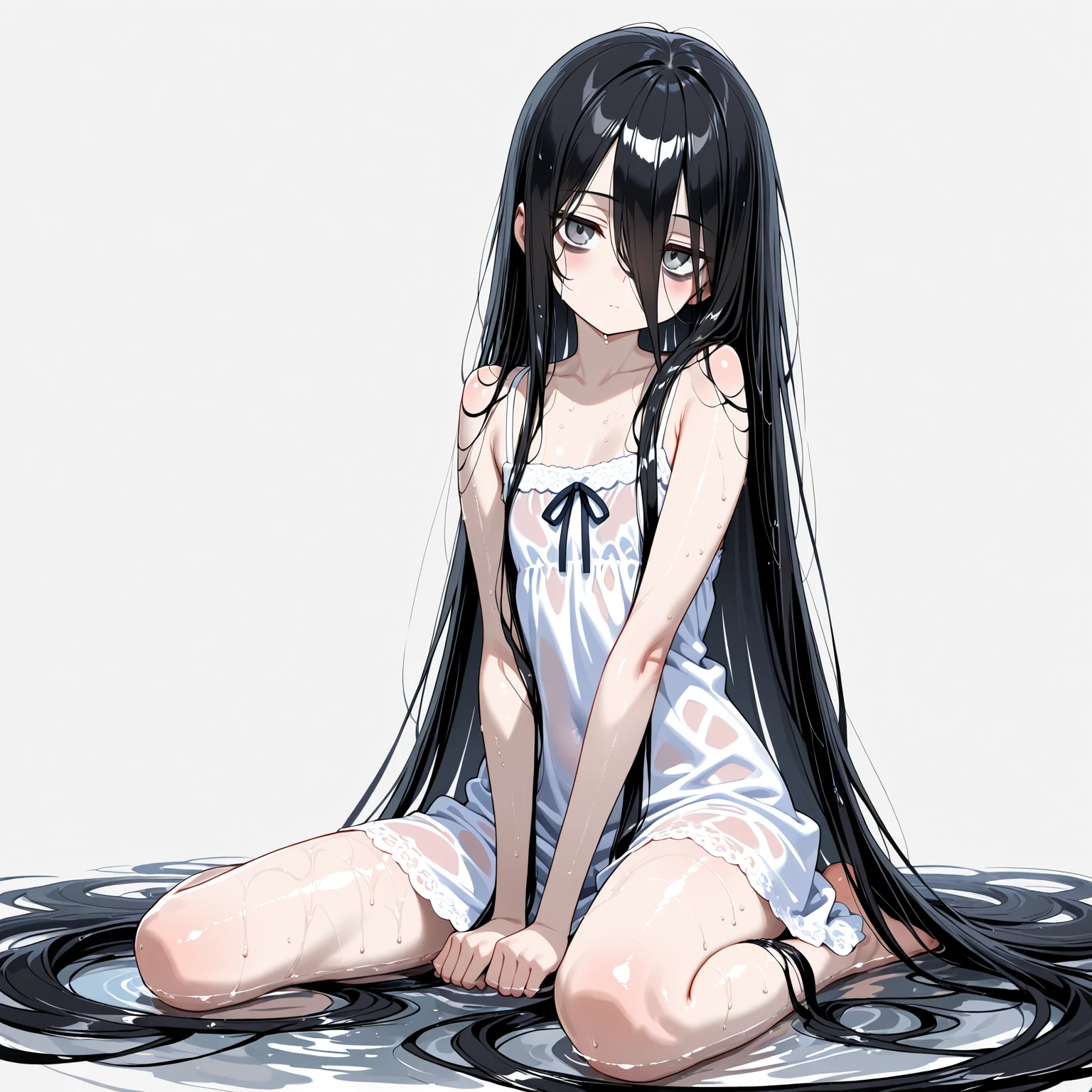 Beautiful and detailed anime art,Hands behind back,Tied with hands behind back,lick,1girl,(((((11-year-old girl,teenager))))),(((((Short,,slender))))),small breasts ,from front,front view,looking at viewer, looking ahead,from above,cowboy shot,Black Hair,Long Hair,straight,two side up,Gray Eyes,Drooping eyes,slit pupils,narrow eyes.Collar with leash,A see-through black and light blue negligee,lingerie,open mouth,tongue out,front face,Kneeling,Straight Stand,Mischievous smile,cum on tongue,Dimly lit room,On the bed,Simple Background,Gray background,Dim lighting,