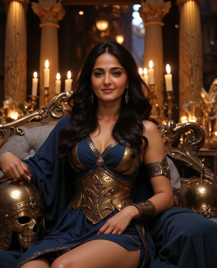 Looks like Sandeepa Dhar, "Design an illustration of a stunning and powerful warrior queen with a regal presence. She should possess a combination of strength and grace. Imagine her in ornate, yet practical armor that complements her figure. The armor should be adorned with intricate details and symbols representing her royal lineage and warrior prowess. Her weapon of choice could be a unique and elegant sword or a mythical weapon that reflects her status as a formidable leader.
Her facial features should exude confidence and determination, with piercing eyes that convey both fierceness and wisdom. The queen's hair, whether long or short, should flow dynamically, hinting at her movement in battle. Consider incorporating elements that emphasize her connection to nature or a mythical realm, such as ethereal backgrounds, symbolic animals, or mystical symbols.
Pay attention to the color palette; use rich, bold colors that enhance her royal aura. Experiment with lighting to highlight specific details and create a sense of drama. Ensure that her posture and expression capture the essence of a queen who commands respect and admiration. Feel free to draw inspiration from historical warrior queens or fictional characters, blending elements to create a unique and captivating image."