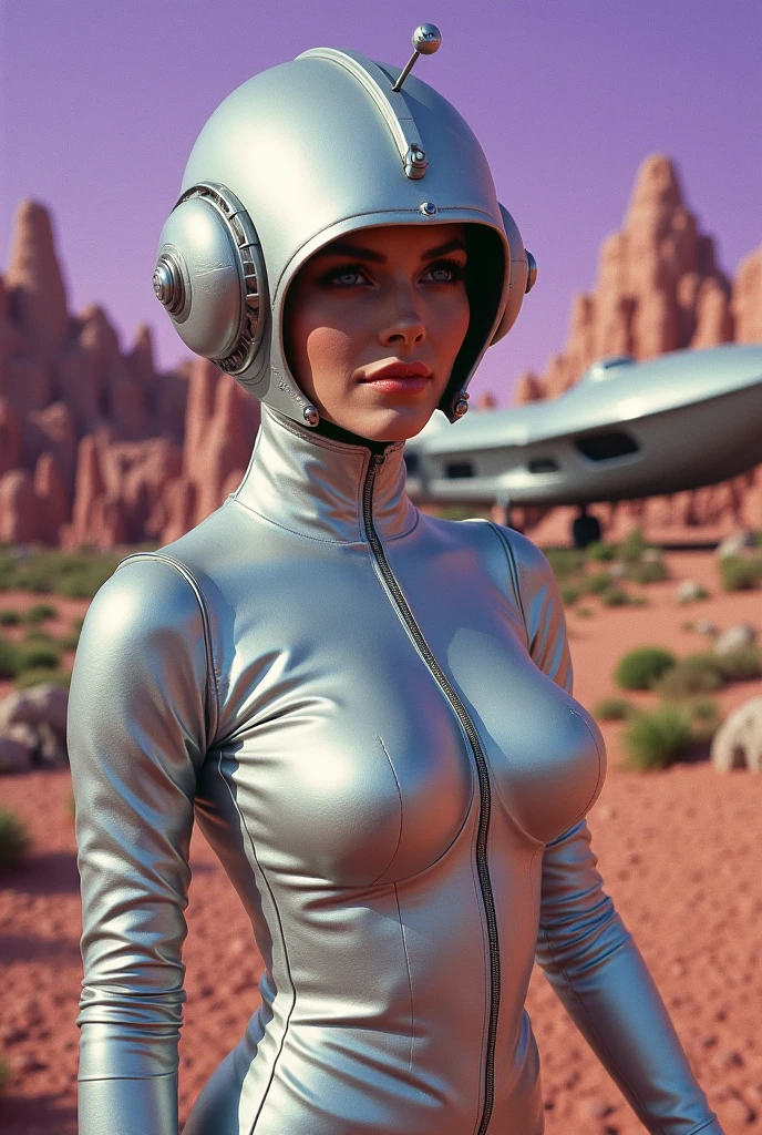Un dibujo animado plano moderno Loco con un Big ONE, un robot con un solo ojo y un estilo de casco., como Sophia Loren y Christina Ricci desnudas con cabello cian, cabeza de alfiler, camuflaje rosa verde claro oxidado, Atmosphere in the crater of a super-detailed meteorite, centro, Beautiful, Soft lighting, Centrado en el personaje, 4k-resolution, Photorealistic rendering,