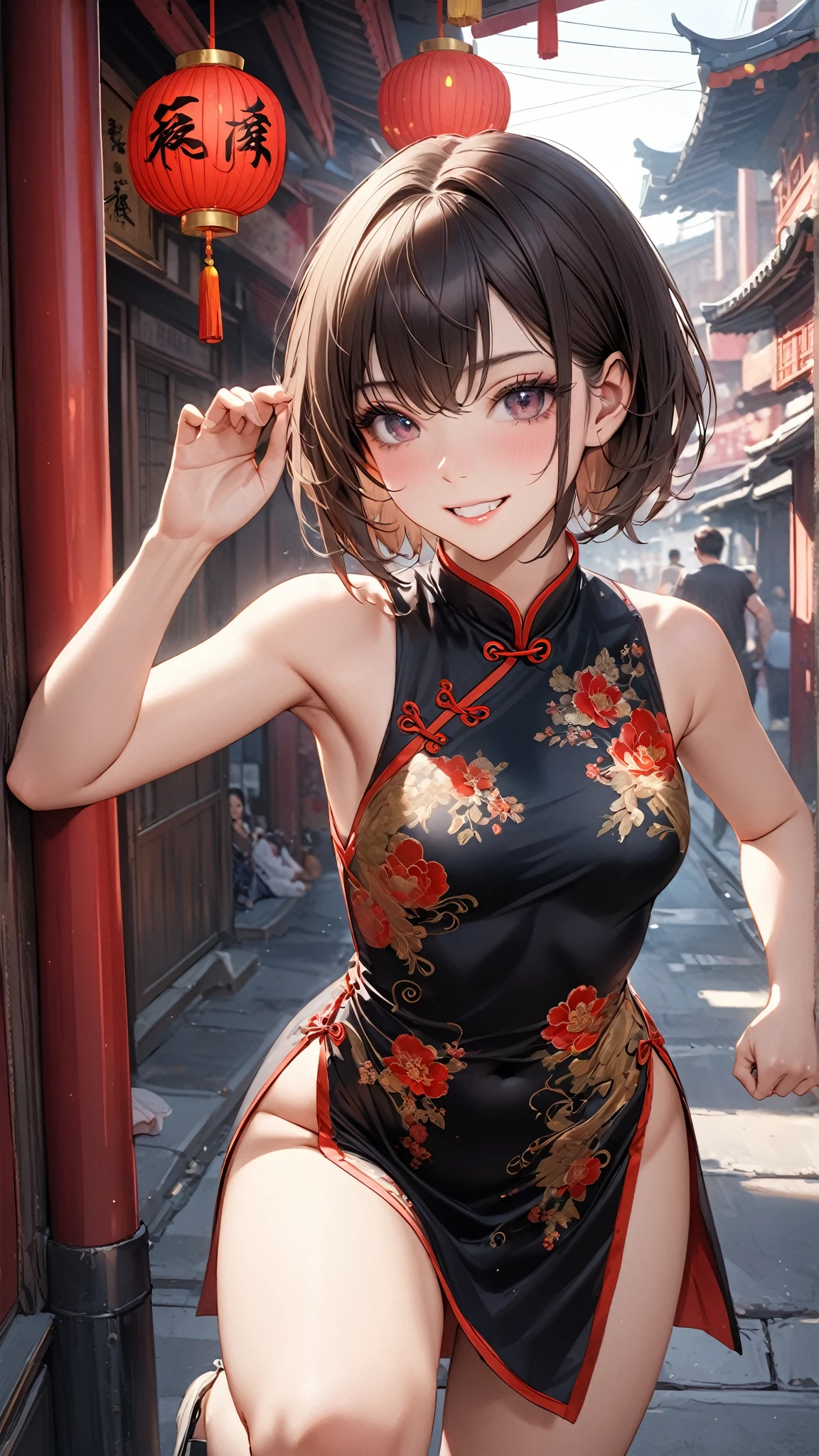 highest quality、All limbs、full finger、1 girl、((one beautiful woman、solo))、beautiful big breasts、short bob hair、((brown hair))、(((red short cheongsam dress:1.5)))、golden patterned cheongsam、black knee socks、Chinatown、big smile、hands on hips