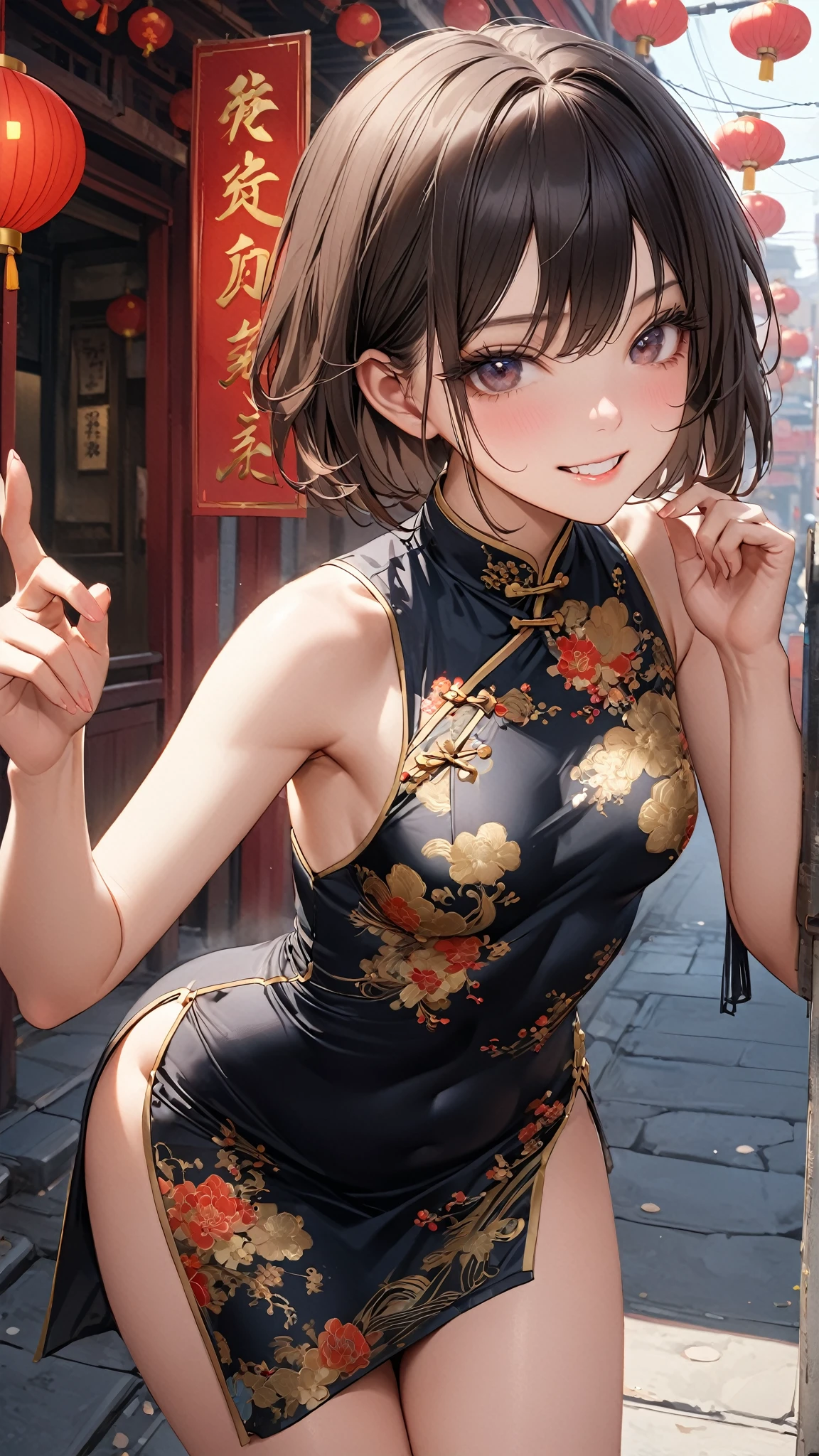 (masterpiece:1.3, top-quality, ultra high res, ultra detailed), (realistic, photorealistic:1.4), beautiful illustration, perfect lighting, natural lighting, colorful, depth of fields, surrealism, 
beautiful detailed hair, beautiful detailed face, beautiful detailed eyes, beautiful clavicle, beautiful body, beautiful chest, beautiful thigh, beautiful legs, beautiful fingers, white skin, shiny skin, 
looking at viewer, 1 girl, japanese, 18 years old, (perfect anatomy, anatomically correct, super detailed skin), cute and symmetrical face, babyface, perfect face, perfect eyes, perfect fingers,
(middle hair, double bun hairstyle, mocha brown hair), asymmetrical bangs, blue eyes, big eyes, long eyelashes, glossy lips, (medium breasts, seductive thighs), slender, outstanding style, 
(detailed cloth texture, bottomless, metallic red chinese mini dress with slit:1.4, high heels), earrings, 
(beautiful scenery), night, (chinatown:1.5, outdoor restaurant), sitting table, (cute, pretty smile, open mouth small), 
