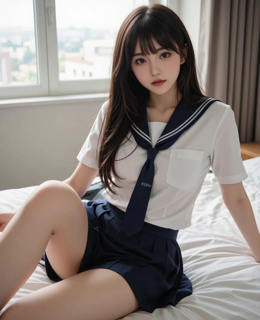 ((masterpiece, 8K, highest quality)), beautiful girl, sofa, (Sit with your knees apart:1.3), (Sailor uniform:1.3), (Beautiful ), (Slender body line), (Small and slender figure), (Photorealistic:1.4), (Professional Lighting), (Accurate Shadows), ((Perfect Anatomy)), (Detailed eyes and face:1.2), (Detailed hands:1.2), (Detailed legs:1.2)