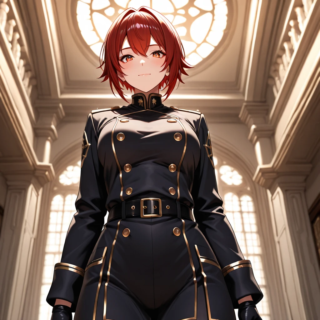 elven warrior, 1girl, adult elf, ((amber eyes)), (red hair, ginger hair), (short hair), (military paladin (armor)), (navy blue mantle), skirt, protective, disciplined, pale skin with freckles, 158cm tall, (small to medium breasts, toned waist, wide hips), long pointy elven ears, military leader, guard officer, palace hallway, tall windows, heroic pose, ultrasharp, masterpiece