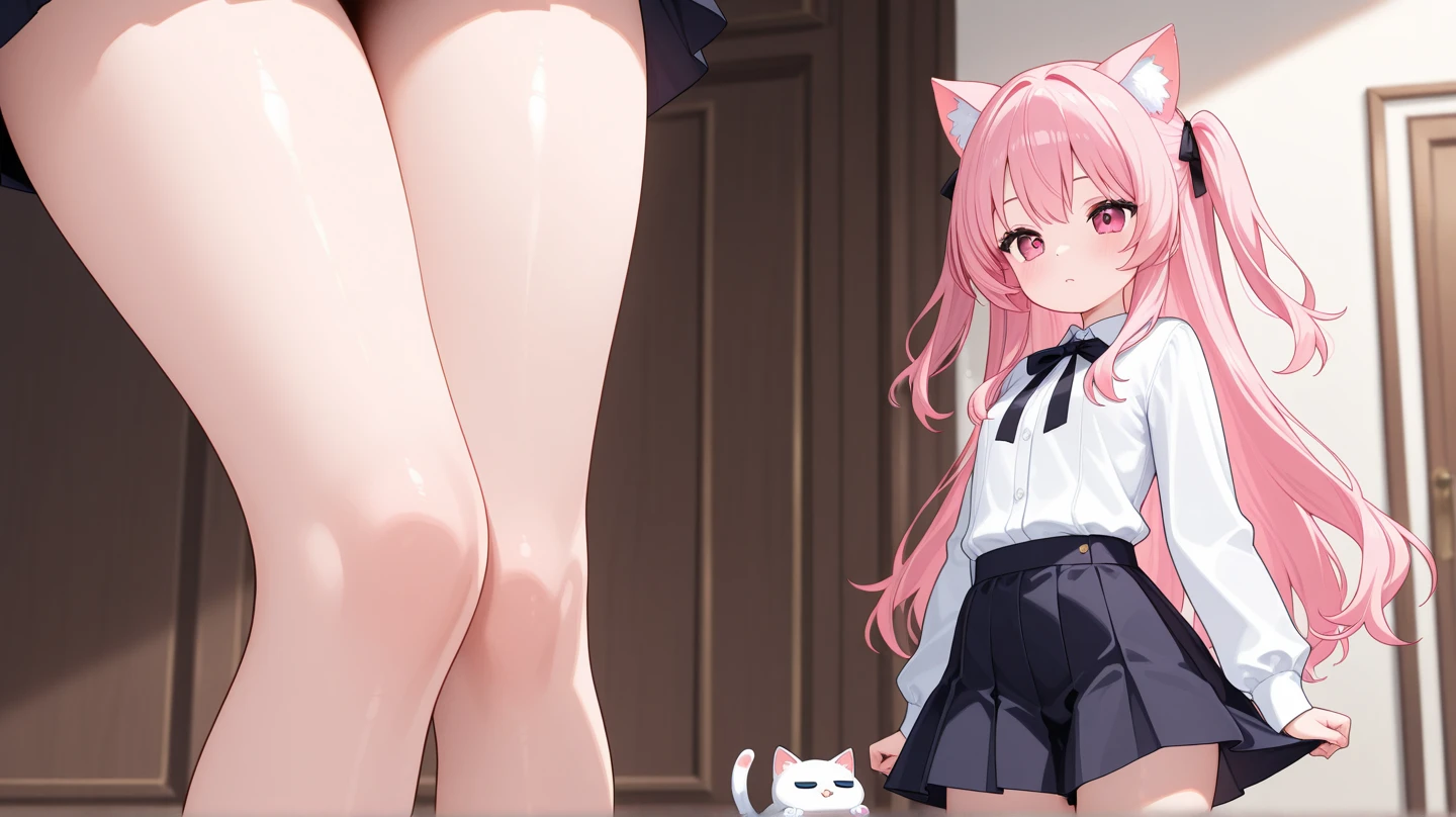 highest quality、masterpiece、((1 girl:1.5))、(())、(blush:1.5)、(smile:1.5)、((fun!!))、cute、dog ears、(silver hair)、、high school girl、((classroom:1.5))、()、、Kamimei、look at me、(No panties:1.3)、((shaved pussy:1.5)), ((red bow tie, , black jacket, open jacket, white cardigan, white shirt, black skirt, plaid skirt、black socks))、 (No panties:1.3)、((shaved pussy:1.5))、(highly detailed closed labia:1.5)、((pee is coming out:1.8))、peeing、light blue eyes、long hair
