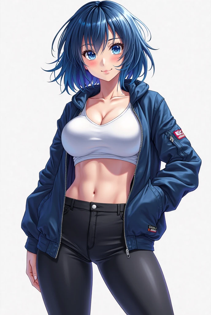 Masterpiece, best quality, simple background, simple details, simple shading, (1 girl) thick, short cyan hair, Blank eyes, empty eyes, ((less highlighted eyes)), off-shoulder jacket Cleavage, short shorts, looking at viewer