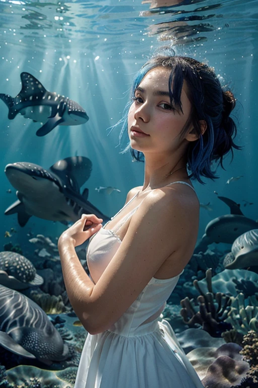 Coral reef, blue bikini, night diving, moonlight, backlit, weightless, ((best quality, 8k, masterpiece: 1.3)), super low angle, one woman, very shorthair, swim with dolphins, underwater photography, underwater perspective, underwater floating, sleeveless, camera gaze, full body