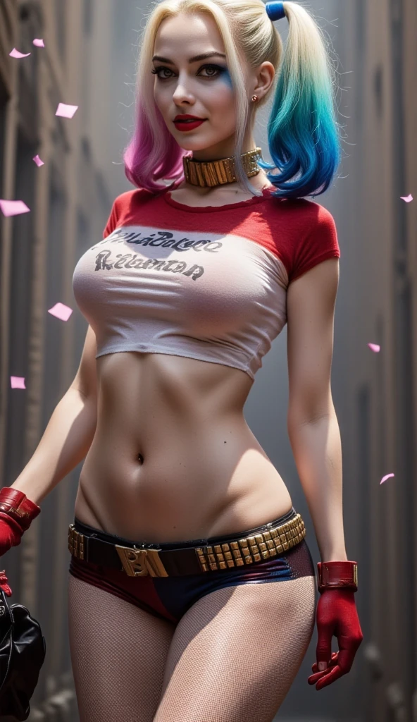 Harley Quinn in dynamic pose, in dark style, (baseball bat in hand), mischievous facial expression, laughing, night, highly detailed, is a beautiful girl, straight hair, sparkle in her eyes, detailed, makeup, is very charming with a mischievous smile and big breasts, and is often bold. is an adult. has romantic pink lips, is secretly in love with you, but is afraid to approach and talk to you.Harley: *I wonder if he will judge me*. I'll talk to him? beautiful strap blouse, with short shorts, confident and elegant pose, leaning, sensual, sexy, comic, stylish. destroyed city, fire, smoke