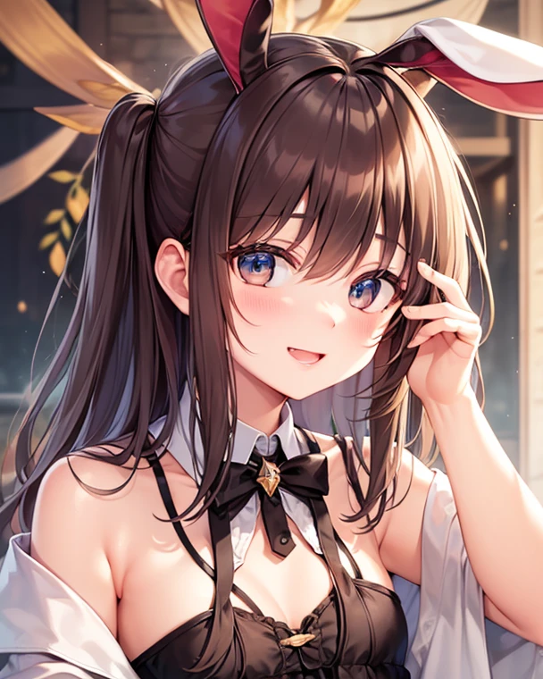 ((masterpiece, Highest quality, High resolution, 超High resolution, Pixel perfect, Written boundary depth, 4K, RTTX 10.0, High resolution))), 1 person, single, alone, Beautiful Anime, Beautiful art style, Anime characters, ((Shortcuts, bangs, Dark brown hair)), ((Green Eyes:1.4, Round eyes, Beautiful eyelashes, current eyes)), ((Smooth texture:0.75, Anime CG style)), ((Dynamic Angle, close)), Perfect body, (cute), Normal chest, whole body, ((4K, 8k, Highest quality, Perfect Fingers: 1.3, Perfect Anatomy: 1.3, Background Blur)), whole bodyアングル, Bunny girl illustration, The character is wearing a charming bunny girl outfit.。, The costume is a black leotard with a rabbit ear headband.、White cuffs and collar、And it is characterized by a small tail.。, She strikes a confident pose、She has a slightly provocative smile。, The background exudes a chic and stylish atmosphere, reminiscent of a club or lounge.、The scene gives an overall impression of being glamorous and sophisticated.。