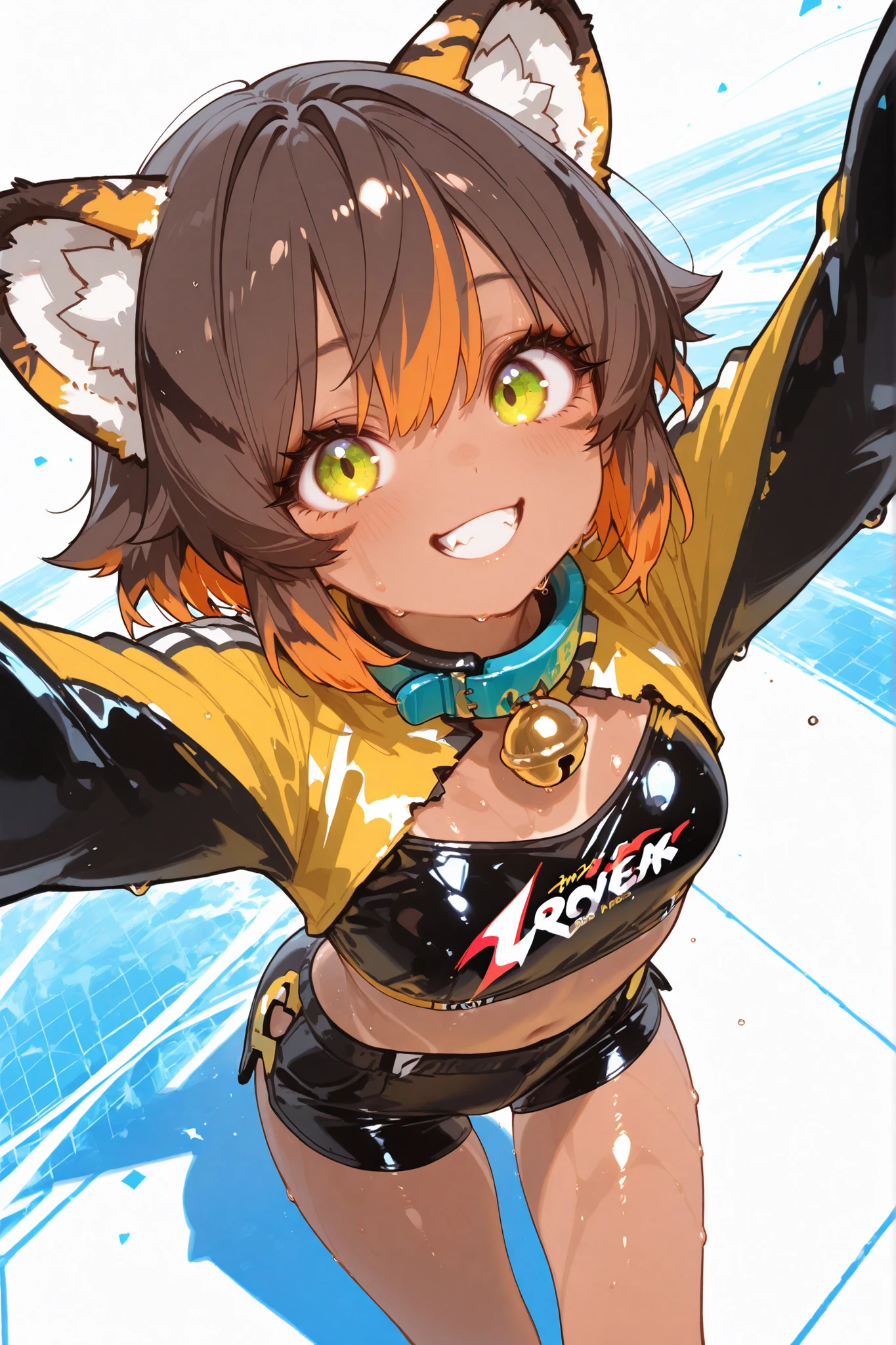 8K、masterpiece , Top quality , Good quality , Newest , high resolution , 非常にhigh resolution ,
BREAK
detail background , Here and there , Absolutely eye catching , Illustration , CG , break perfect configuration ,
BREAK
Eye reflection , eyelash , break 1boy , cute男の子 , cute , looking at viewer 、wearing yellow dancewear , I'm wearing black shorts、(sky blue and orange gradation hair) , Tiger Ears , solo , First , tooth , Tan , pogrove , (from above) ,
BREAK
white background, path racing , layered photon mapping , bright colours masterpiece , Top quality , amazing quality ,
BREAK
Horny Smile、Glossy brown skin、Sweat flying、collar with yellow bell、
BREAK
Spread your arms and ask for a hug、Displaced clothes that show shoulders、Idiot Hair Who Traced My Heart、