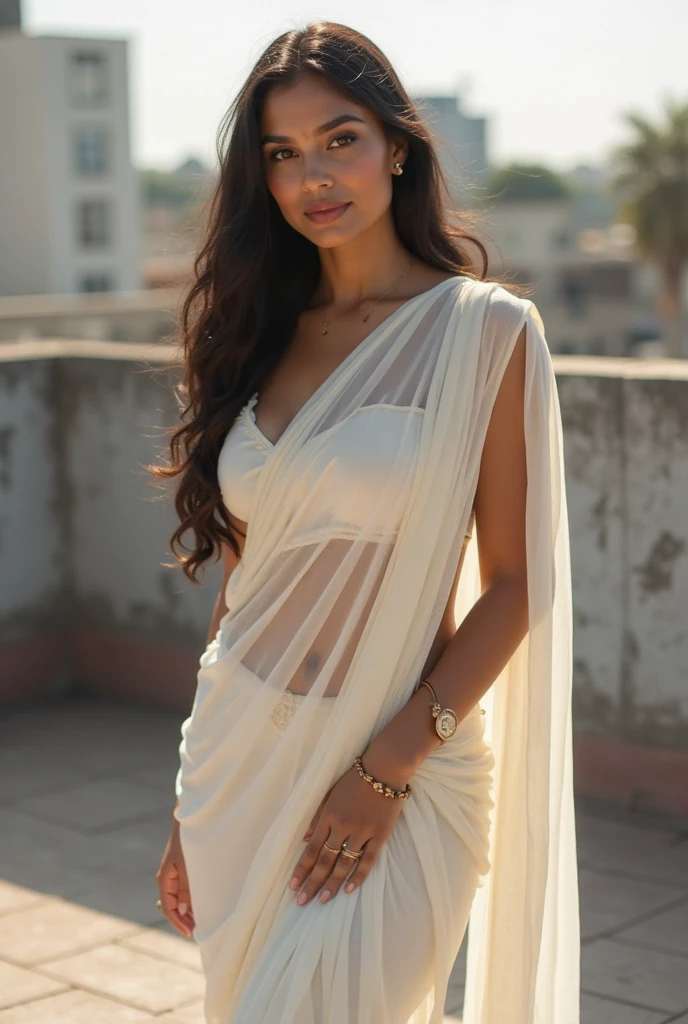 (photorealism:1.2), beautiful thick indian woman, standing, wearing white saree, exposing navel,long curly hair, outdoors, soft lighting, people in background,