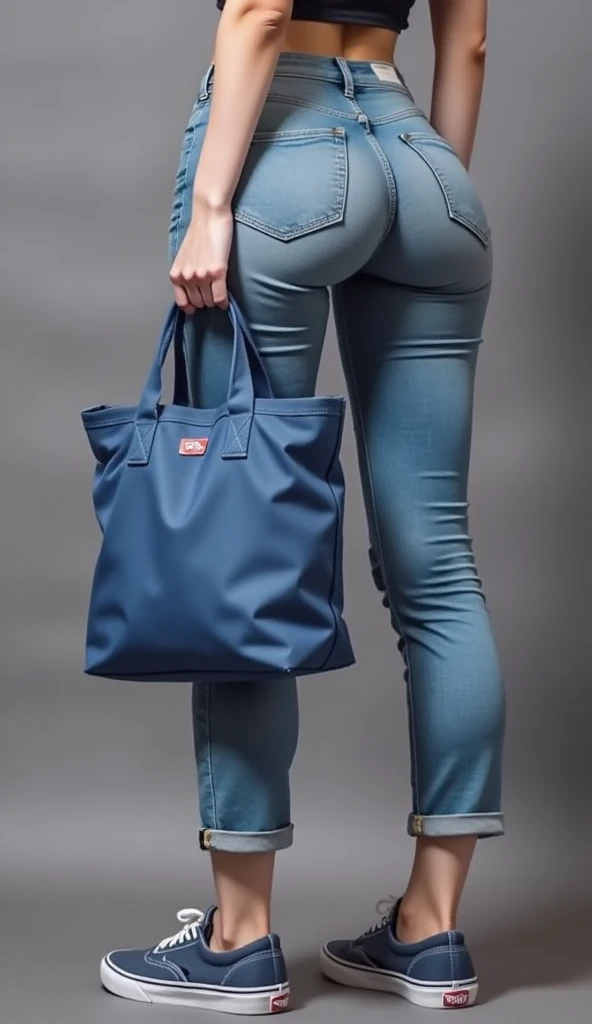 there  a woman in a blue jacket and white panties holding a bag, [ realistic photo ]!!, , (nsfw:1.2),