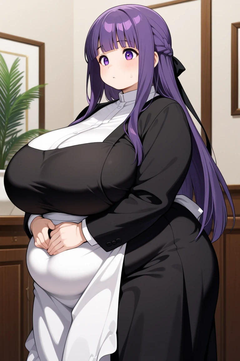 very long hair, thicc, very big breast, maid dress, pregnant