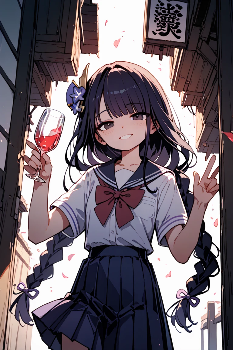 Best Quality, hight resolution, absurderes, Ultra-detailed, Suzuya_(kancolle), 1girl in, long_hair, Skirt, Solo, Shirt, Rain, Wet_Clothes, hair_ornament detached, Wet, breasts, Underwear, pleats_Skirt, See-through, bowtie, Red_Bow