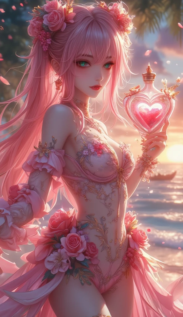 (masutepiece, The highest quality, Best Quality, Official Art, Beautiful and aesthetic:1.2), (1 fantasy girl), Extremely detailed, Glamorous Jewelry, Long shapeless hair, (fractal art:1.3),colourfull,highest detail.Express it in a heart shape、heart shaped ornaments、Try using a lot of heart shapes、Try using a lot of heart shapes in the background、Use a lot of pink、Use lots of flowers、angle above the knee、The chest is small and B size、skinny、Division is visible。Feet are thin and beautiful,The skin is white and transparent.,high-heel、Gold anklet、Heart-shaped jewelry is engraved.、heart shaped bokeh、