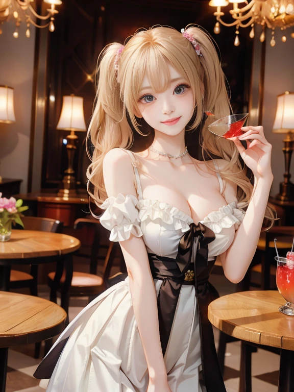 bunny girl, maid style, blonde, twin-tailed, cocktail, night city, 8k, very delicate, girl with beautiful details, top quality, very detailed eyes and face, --auto --s2