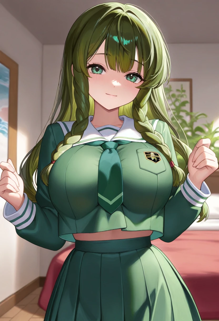 [1girl, king halo \(umamusume\), umamusume], (throw_hand, pink vibrator remote switch in throw_hand, throw:1.2), Highest quality, Super detailed, masterpiece, Ultra-high resolution, 8K, Ridiculous, Cowboy Shooting, Blurred, One girl, Focus on the girl, Embarrassing, blush, Lovely, Close one eye, With tears in her eyes and her mouth open, What saliva leaves behind, Wet skirt hem, (Sticky panties:1.1), Bulging of the vibrator cord, Vibrator with Garters, (cleavage), Classroom Background, The skirt is accidentally exposed,(large breasts), (crop top navel), (waist line), Accidentally exposed panties