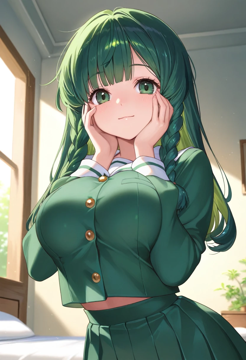 ((highest quality、Mastepiece、High resolution))、(((Zoom photo from above:1.95、15 years old、blush、Cat ears headband、Maid、black tights、Cute smile:1.5、、Wet body、Wet Hair、Cleavage、Green Hair、Straight Hair、In the classroom)))