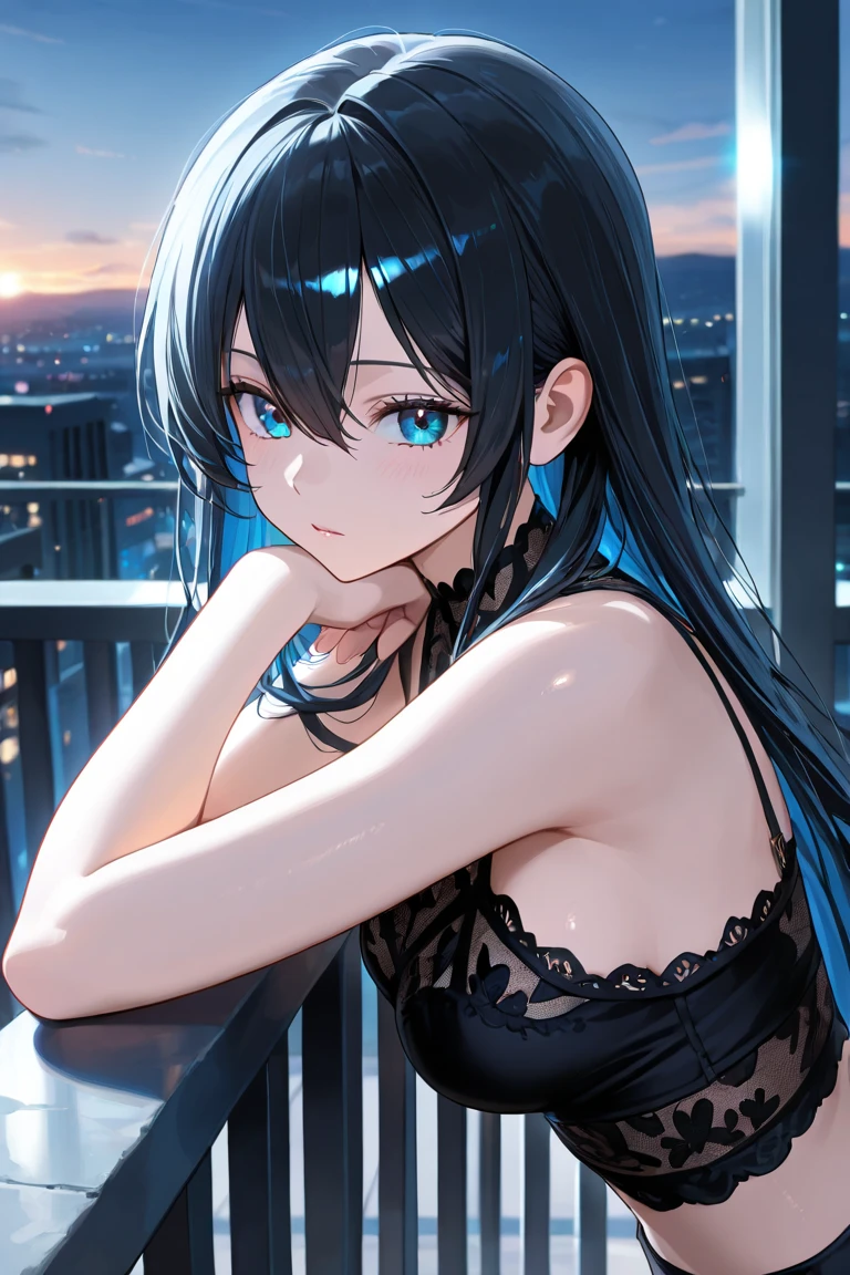 cropped shoulders、Black full dress、、Black and long hair、Blue eyes that glow suspiciously、Crystal clear white skin、tmasterpiece，top-quality，optimum，offcial art，Beautiful and aesthetic however, At first, He was startled by what he saw、coquetry、dual horsetail、Dull hair、adolable、Lori huge breasts cleavage、Vampires、huge tit、A sucker、idoly、Gradient pupils、transparent costume