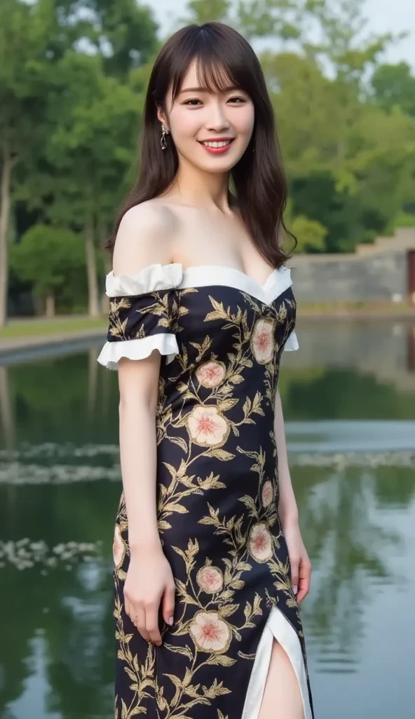 Focus on people。Create and express the best shining composition of the person in a realistic way。((​masterpiece))、(((top-quality)))、((ultra-detailliert))、(A hyper-realistic)、(highly detailed CGillustration)、(extremely delicate and beautiful)、Girl a masterpiece、top-quality、Realistic skin feeling、Realistic fabric、We will introduce a realist illustration focusing on the center front of girls with realistic and ultra-detailed eyes.。This is the absolute rule, and the following sentence expresses the image quality。 The greatest painter in human history meets an unparalleled beauty、It is the greatest masterpiece in the history of the Inuiku Ichigo, which depicts the most beautiful figure of a lifetime.。 Create stunning anime artwork that is currently trending on seaStation、Introducing exquisite beauty and seductive aesthetics。Black pesant dress with detailed floral embroidery、NOWAI