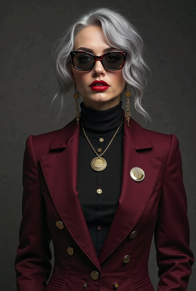 Photorealistic, High resolution, 1womanl, Solo, hips up high, look at viewr, (Detailed face), White hair, Long hair, Black business suit, Mafia, The tattoo, Jewelry