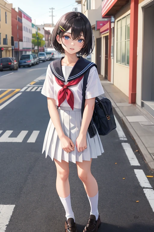 katoumegumi, megumi katou, Brown Hair, short hair, (Brown eyes:1.5),Medium chest,Japanese schoolgirl(Black Sailor Suit),Short sleeve,Black pleated skirt,Knee socks,Brown Loafers,walk,morning,morning陽,The sun is rising,whole bodyがイラストに入るように,walk,Looking down from above,
break outdoors, city,Area,
break looking at viewer, whole body,
break (masterpiece:1.2), highest quality, High resolution, unity 8k wallpaper, (shape:0.8), (Beautiful details:1.6), Highly detailed face, Perfect lighting, Highly detailed CG, (Perfect hands, Perfect ???????),