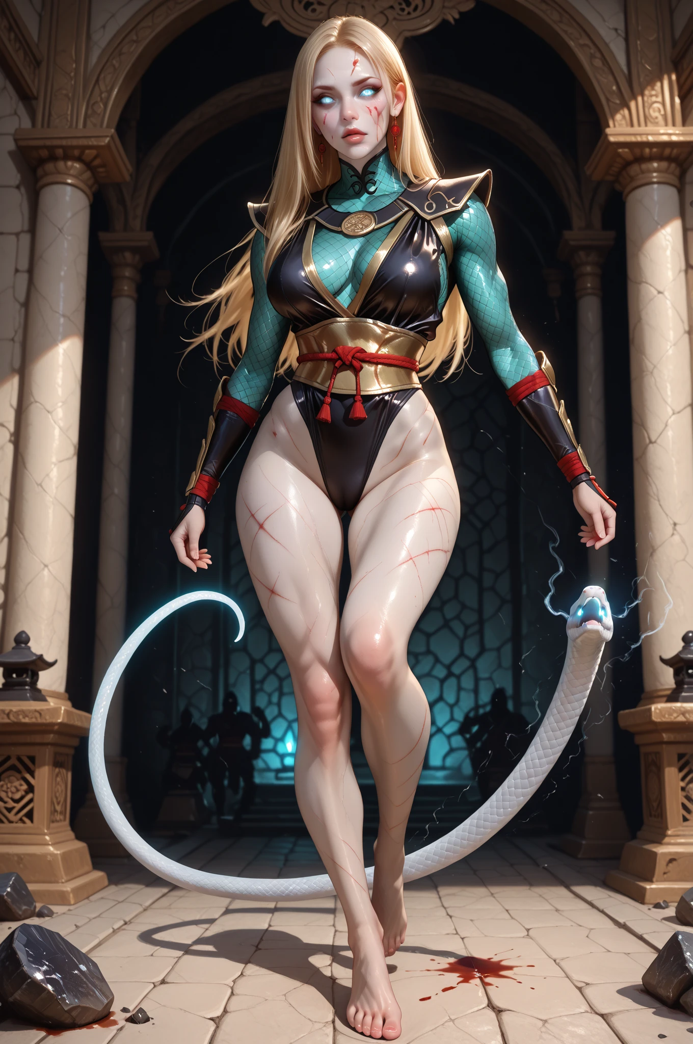 ((Best Quality)), ((Masterpiece)), (Details:1.4), 3D, image of a brown-skinned woman in a beautiful snake cyberpunk suit, (((her serpent hair hissing and striking)), HDR (High Dynamic Range), (Kamen Rider style)), Shocker's belt, cyber full-face helmet composed of countless small snakes, Ray Tracing, NVIDIA RTX, Super Resolution, Unreal 5, Subsurface Scattering, PBR Texturing, Post-Processing, Anisotropic Filtering, Depth of Field, Maximum Clarity and Sharpness, Multilayer Textures, Albedo and Specular Maps, Surface Shading, Accurate Simulation of Light-Material Interactions, Perfect proportions, snake circlet added, pointed ears, snake earrings, python texture added, snake woman, white silver long hair, purple lipstick, snake skin pattern blush, sharp eyeliner, medusa image, ((full body)), hair made up of countless small snakes, white snake eyes, sharp focus, octane rendering, two-tone lighting, wide aperture, low ISO, white balance, rule of thirds, 8K RAW, circuit board AI, 4k, foggy, night city background
