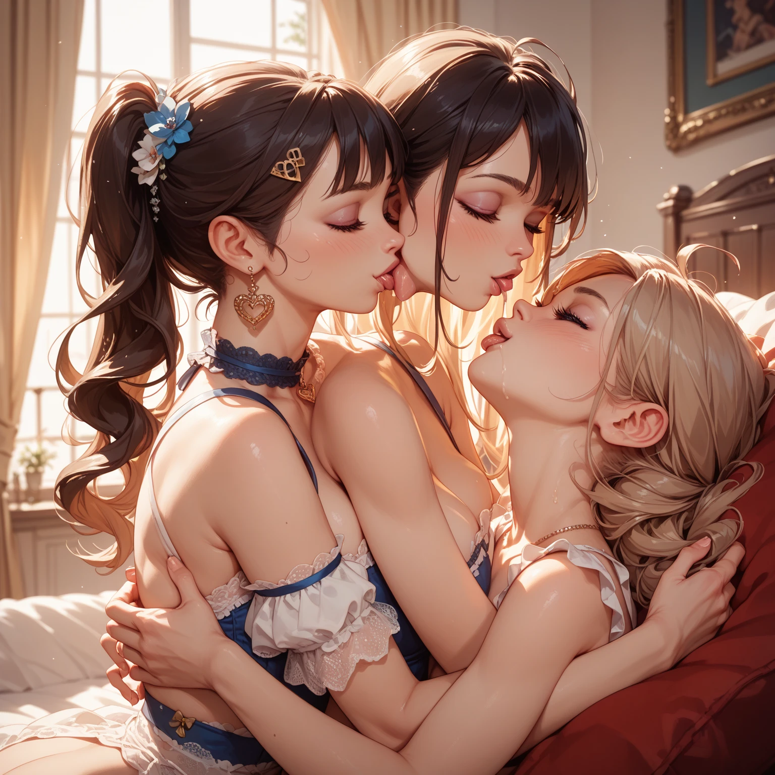 (nsfw:1.2), (((HHH))), a precious special eroticism porn scene, Express all her emphasized feelings through her facial expressions,
full color, ultra masterpiece, ultra high quality, photorealistic:1.3, ultra high resolution, described in ultra fine detail down to the minutiae, sharp, clearly, textured, depth of field, professional composition and lighting, (close-up shot),
sexy, sensual, erotic, eros, horny, sexually aroused, (panting), sticky slimy, (raw), shiny, glaring, rich, sexual ecstasy paradise, a flashy eroticism porn party,
top grade flashy:1.1 virgin killer courtesan, ((She is coming almost right in front of me)), (looking up and (enraptured:1.1 rapt:1.1 (half-open)) bedroom eyes to downward camera view)),
wearing wrinkled ((fine gold color (shiny super reflective (polished:1.5) metallic polyester) flashy lingerie mini bodycon dress)), (puffy nipples under the lingerie), (breasts spilling over the bra due to being tight), skindentation, Wedgie,
beautiful sexy face, detailed mouth:1.1, detailed too shiny lips:1.1, large firm breasts, oily wet translucent skin, blonde messy loose (updo) hair, gold simple necklace earrings,
((blush)), (((sweat))), a little particle sweat drops, (((steam))), ((sigh)), ((((drooling)))), (((((ecstasy))))), ((((orgasm)))), (((ahegao))), ((((cum on body)))),
ecstatic attentive escort service, energetically, ((blissful:1.5 ecstatic expression:1.1)), oral vagina, Drooling slimy tongue, She took a libido booster and her sexual energy has increased, Give me her special H service that captivates boys, handjob gesture,