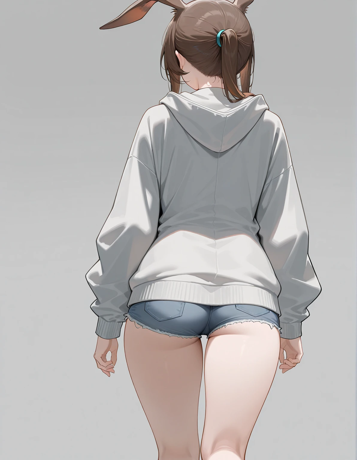 ((masterpiece)),(((Highest quality))),((Character design sheet)), Thin thighs,Long legs,18 year old Japanese girl, Cute type,The best smile:1.5,white long hoodie:1.5, Black panties in full view 1.5,Very short hair , (Highly detailed skin), The background is gray,Tuck up your clothes:1.5
