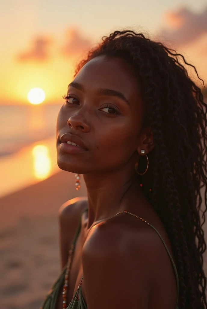Photorealistic full-body portrait Beautiful light-black girl, mixed-race girl, topless, nude, waxed, sitting on beach, brown skin, long dreadlocks, many small tattoos and piercings, cleavage, hyperrealism, beach, sunset,  character, real, art, photography, beautiful, colorful, realistic, masterpieces, superior quality, best quality, official art, beautiful and aesthetic, amber eyes