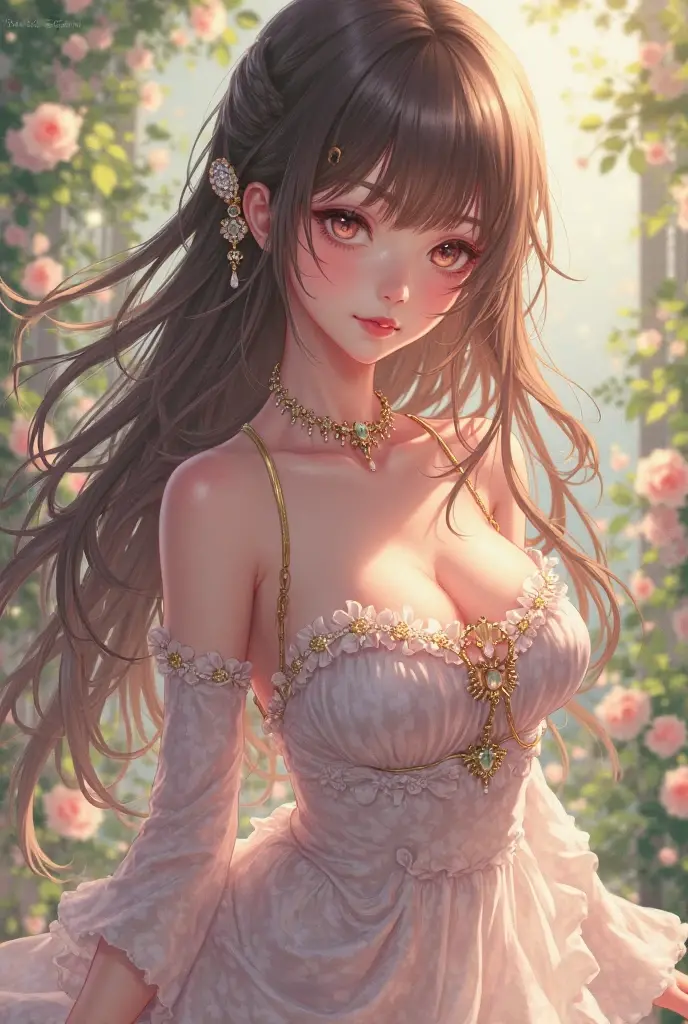 (work of art: 1,2), (photorealisitic: 1,2), (best qualityer), ((realisitic: 1.3)), (skin detailed: 1.3), (details Intricate), (fully body), ((image from bottom to top)), 1 ADULT WOMAN with delicate and cute appearance, female body e curvilíneo, ((freckles all over the skin)), ((Breasts huge)), thick-thighs, Waist slender, a gentle smile and a cheerful expression, pale skin, freckles on the body ((long wavy dark brown hair)), Francis on the test, ((greeneyes)), big eyelashes, Pink full lips, rosy cheeks, female body, ((Breasts huge)), delicate hands. ((she is wearing a short pink dress, transparent and delicate)) ((simple pearl earring)) ((the scene is a flower garden)). cheerful and bright smile on the lips, and docile expression ((her hair is quite long))