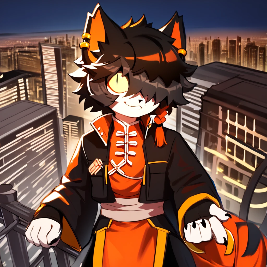 score_9, extremely detailed, masterpiece, city, solo furry anthro male (cat) aak, h341ing_h4nd, evi1_h34rt, whiskers, black hair, bangs, hair over one eye, earrings, orange single braid, yellow sclera, looking at viewer, smiling,