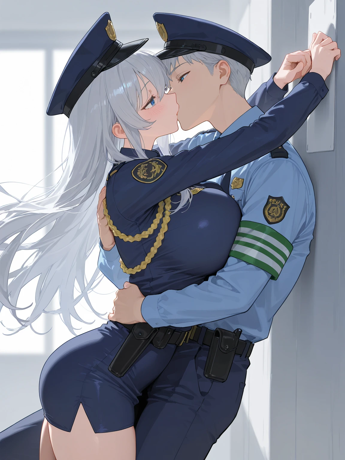 NSFW,masterpiece,Highest quality,High resolution,Very detailed,Baby-faced girl,Young face,Round face,mole,long hair,Twin tails,Short height,Police Officer,hat,Pencil Skirt,hose,Heel,Nightlife,(Molester),is nervous,Embrace,Grabbing the chest from behind,Lustface