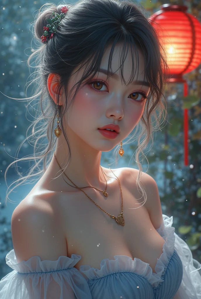 ((best quality)), ((masterpiece)), (detailed), perfect lighting, natural lighting, perfect face, Very large slit precision pale grey eyes that shine like jewels. (((( Highly detailed face))), small thin nose, Small thin lips mouth, (((Very sharp focused eyes))), (looking here), (((masterpiece, of the highest quality, super detailed))), (((embarrassed))), (blush), ((dark hair)), wet hair, ((long ponytail, thick ponytail, heavy ponytail)), very long eyelashes, beautiful small breasts, (((flat chest:1.1))), topless, bare top, wet skin, Detailed body, prominent collarbones, (narrow hips), ((NSFW)),