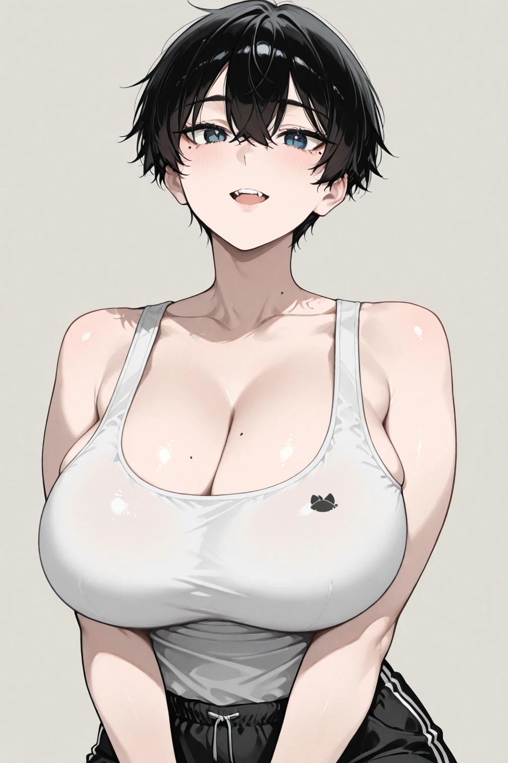 masterpiece, best quality, ultra-detailed, Potrait of beautiful , (chubby) (muscular), (plump), (sexly), (Breasts), (Plump), ((very short hair)), ((Uzaki Hana)), (overweight), (Gray Hair), ((Saggy breasts)), (blue eyes), (Short Hair), (blue eyes), ((thick)), (naked), (Nude), (Big Areola)