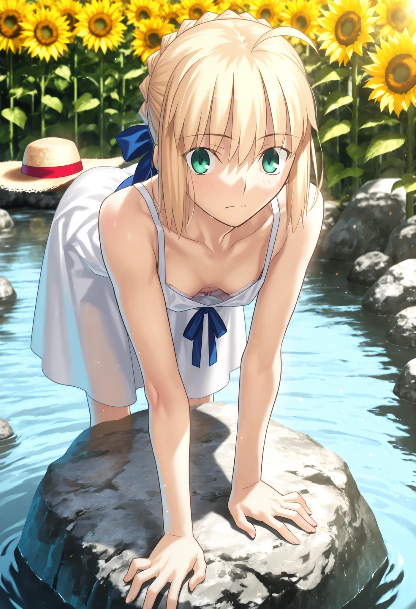 masterpiece, , absurdres, highres, detailed background, high resolution, masterpiece, necessary, detail, best quality, quality, necessary, details, High details, Precise, 8k outdoors, (colorful light particles, powder light, river), day lens flare, blurry background, from above,
1girl, Takeuchi Takashi (type-moon,tsukihime) style, takeuchi takashi style, (aged up),(Sunflower field),on rock, in lake,(), closed mouth, ,(downblouse , bra slip),
girl, (slender body, slim arms, slim bod),girl, artoria pendragon, saber (fate) ,blonde hair ,green eyes, wide eyed,(straw hat), ahoge ,hair ribbon ,blue ribbon ,short hair ,sidelocks ,frenched braid, (white summer dress, sleeveless), (flat chest),(looking at viewer), , , bent over , ,