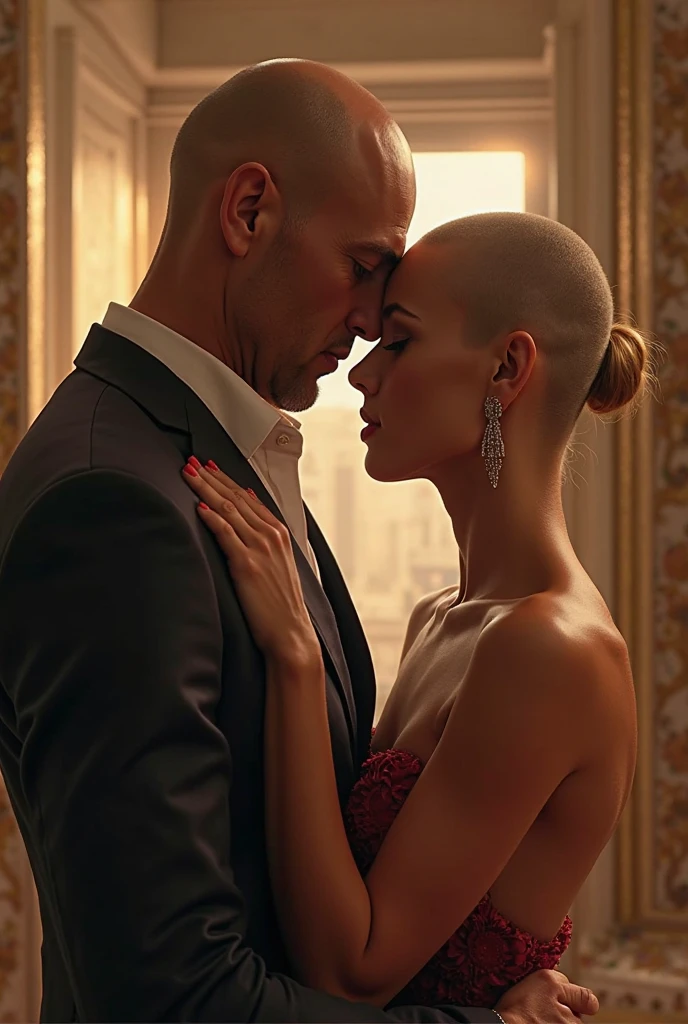 Couple in love hugging and kissing on the mouth inside the elevator of a building, um homem ((30 anos,pele caramelo, com cavanhaque, buzz cut)) E mulher ((americana, 25 anos, pale skin and freckles, olhos cinzas, nariz delicado, soft and delicate lips, cabelo blondie cinza longo e ondulado)), dinamic poses, ultrarrealista HD altamente renderizado fotorrealista, luz natural do dia, Fuji Camera