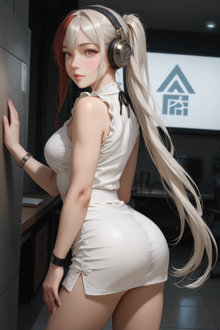 1 young woman (gamer girl), very long white hair, blue eyes, white skin, perfect body (perfectly round butt), makeup, accessories, fox ear headset (Black), underwear (Black), playing PC on a gamer room, sexy pose, view from behind, (masterpiece), (raytracing), (4K), (photorealistic)