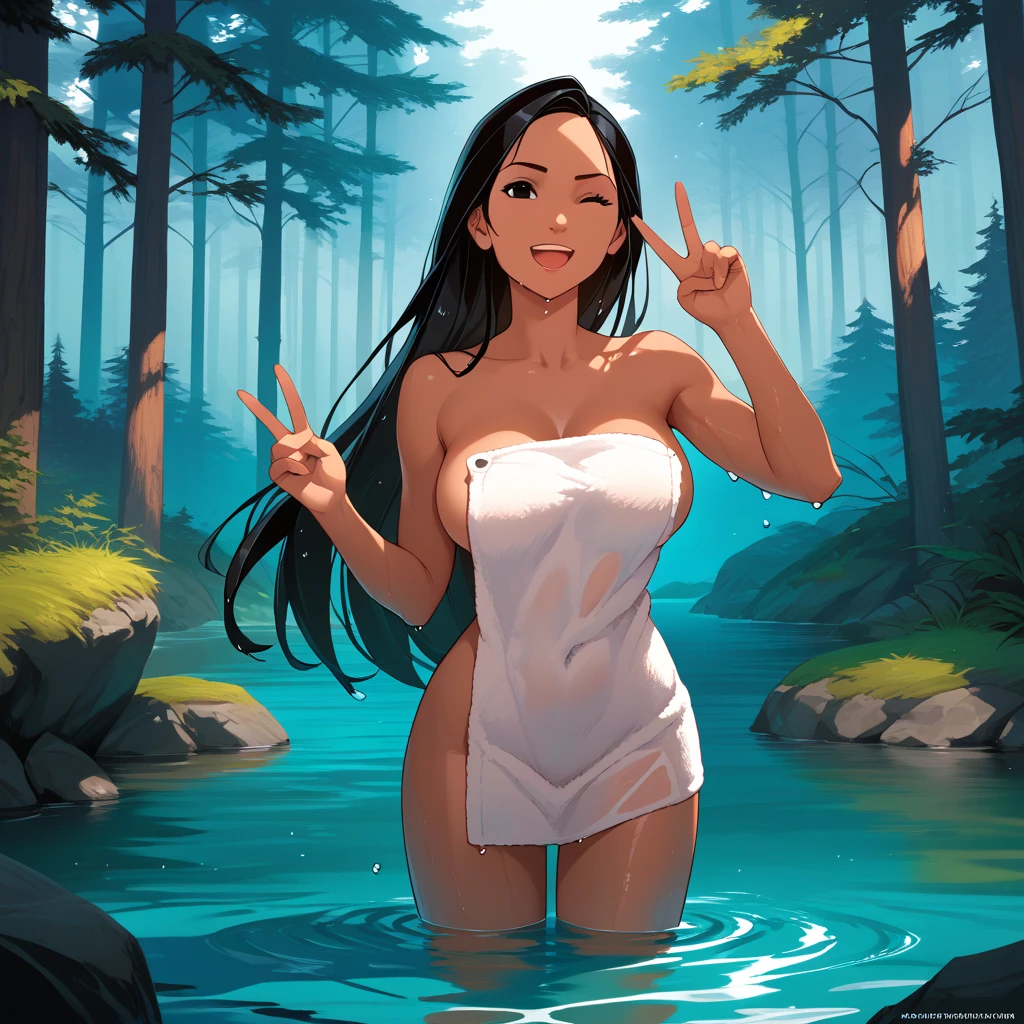 In a forest of big trees there is an even bigger Amazonian giantess, with brown skin, black hair, thin and with very long legs, she is looking for small human invaders and destroyers of the forest to destroy them so that they do not disturb the peace of the forest. Giantess, goddess, hot, black skin, tall legs, sexy, tiny people, tiny humans, crush, forest, trees