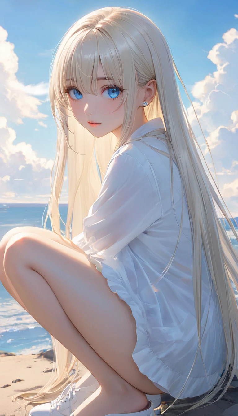 (masterpiece, Highest quality:1.2), One girl, alone,bony body、Age 25、Shiny platinum blonde silk super long straight hair, beautiful shiny bangs, big clear sky blue eyes, very beautiful bright eye highlightaster piece , best quality , (wariza) , hand between legs ,