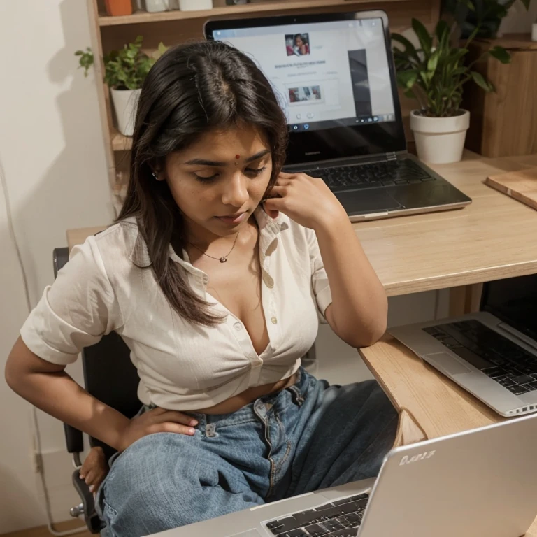 kerala girl, looks like hermoine granger, using a laptop, at home, luxury, in the couch, wearing a full white t-shirt and jeans, realistic, mobile photography, a long shot, realistic skin texture, raw