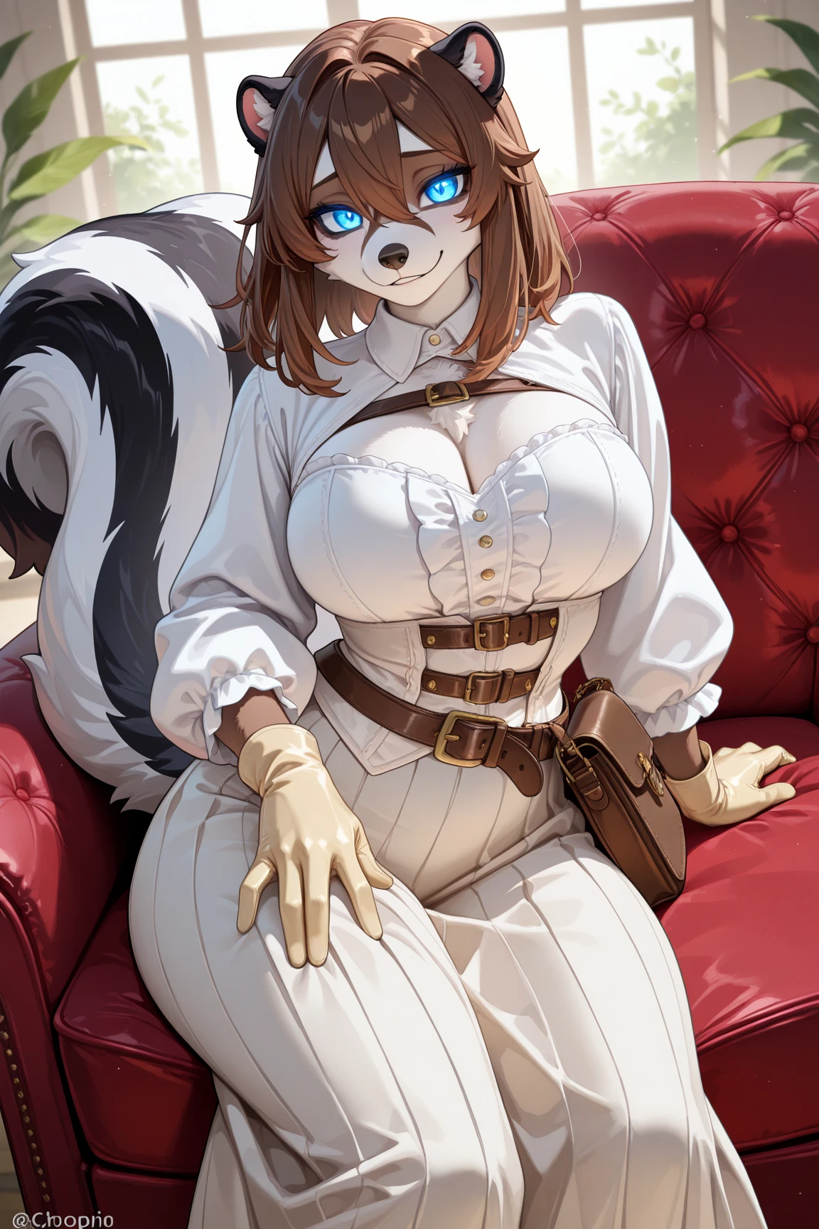 score_9, score_8_up, score_7_up, score_6_up, score_5_up, score_4_up, (solo), female anthro zebra, secretary clothes, skirt, lusty, fluffy body, black long curly hair, turquoise eyes, (thick thighs:1.5)((( offering the breasts))) sex partial clothes, (((cleavage))) semi-butonned uniform niform, (barely_visible_booba) (she is sitting) , giant breasts, garter belt tights , showing her panties