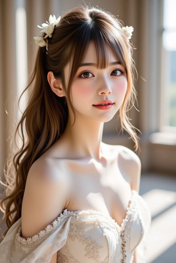 A beautiful young woman with a charming smile, dressed in delicate, lacy white lingerie adorned with floral patterns. She has long, flowing hair styled with cat ears and fluffy accessories, giving her a cute and playful appearance. The background is softly blurred with warm, golden autumnal light, highlighting her ethereal and enchanting presence.